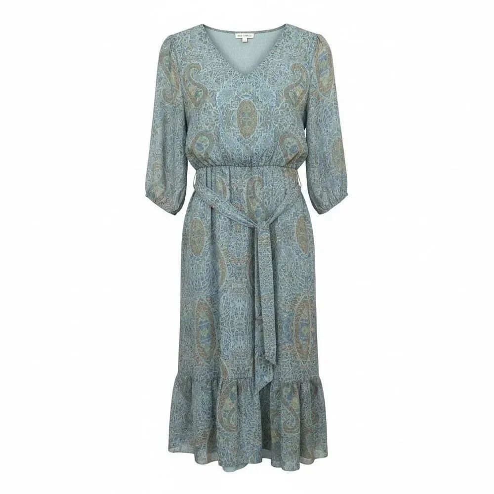 Pastel Blue Floral Paisley V-Neck Tiered Belted Midi Dress M Cottagecore